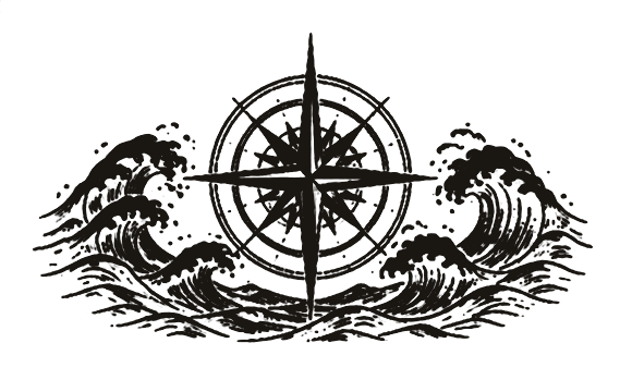 MARCOS back graphic: Compass rose over breaking waves