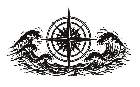 MARCOS back graphic: Compass rose over breaking waves