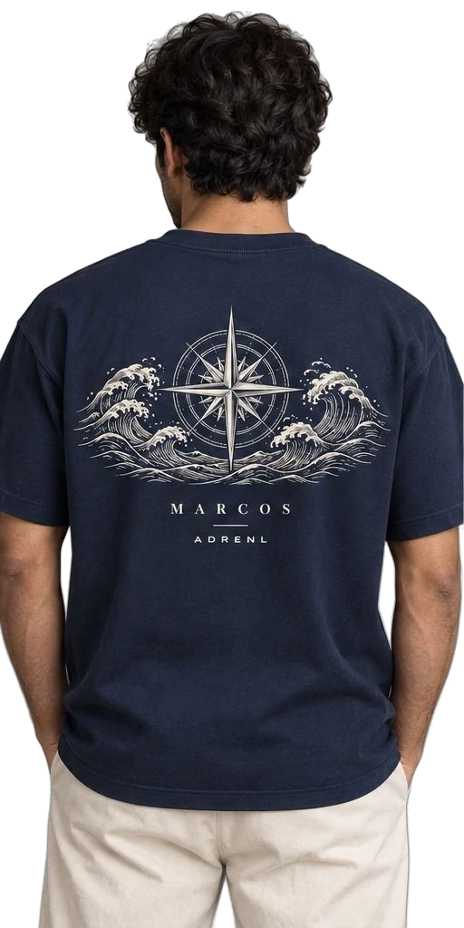 MARCOS tee, back, on a model